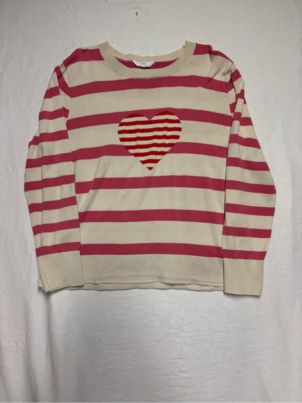 Time and Tru Pink & Cream Striped Heart Pullover Sweater